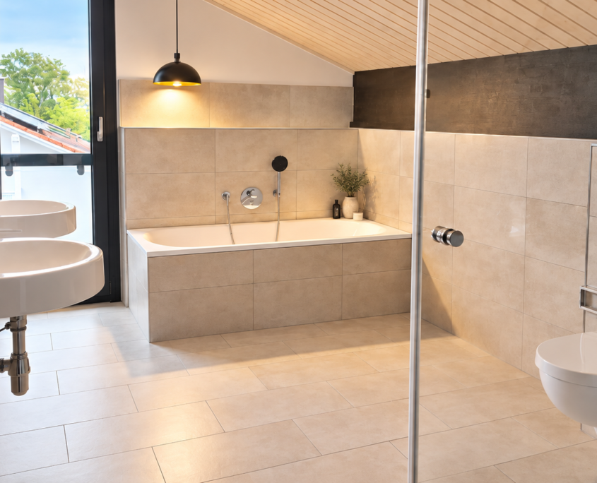 Bad mit Wanne, Dusche, zwei Waschbecken, Spiegel, WC